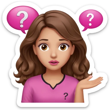girl with long wavy brown hair, brown eyes, light to medium complexion, in a pink shirt, pink lips, long lashes, shugging, question mark one speech bubble sticker