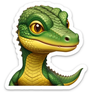 cinematic-realistic-cute-monitor-lizard-portrait-emoji,-head-tilted-playfully-and-inquisitively,-featuring-a-compact,-agile-body-with-finely-detailed,-glossy-scales-in-earthy-olive-hues-and-a-distinct,-alert-face-with-bright,-curious-eyes, yellow and dark green sticker