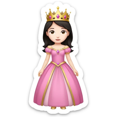 chica vestida de princesa con vestido rosa , piel blanca , pelo oscuro, corona dorada, cuerpo entero sticker