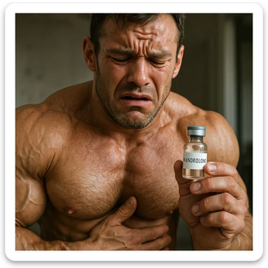 hyperrealistic muscular male bodybuilder holding a vial with a clearly visible label reading 'Nandrolone', the bodybuilder looks distressed or unwell with an expression of discomfort, realistic environment, natural lighting, detailed sticker