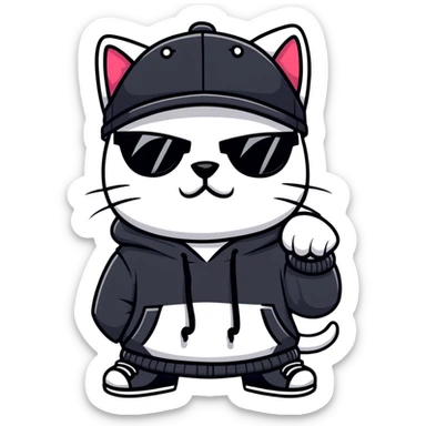 cat wearing a black snapback cap and black hoodie, with black sunglasses positioned low on his nose, winking one eye while looking directly at the viewer over the top of his sunglasses with a mischievous expression, doing graffiti with spray paint sticker