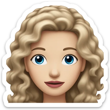 An adult white woman with wavy brown shoulder-length hair, pink lips, and blue eyes, cropped at the shoulders, on a white background sticker