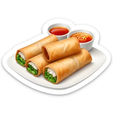 Spring Rolls Cinematic Realistic Spring Rolls Dish Emoji, depicted as 2 perfectly crisp spring rolls served with dipping sauce, rendered with lifelike textures and dynamic, appetizing lighting. sticker