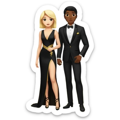 Blonde woman, black, Long, tight, sleveless Dress, Slot left Leg, man, black Hair, in Dinner jacket, Background ballroom sticker