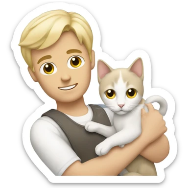 Blonde haired guy holding a white and gray cat sticker
