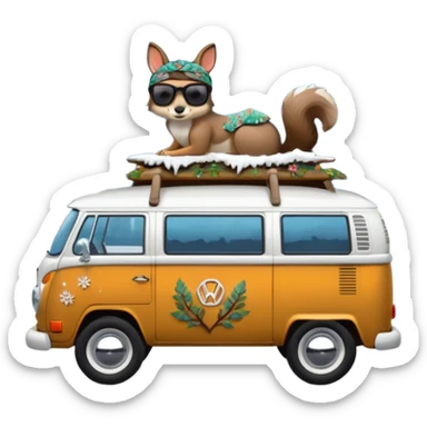 A parked VW bus painted white and black and fill with different 3d crystals and 3d crystals secured to roof surrounded by winter scenery with squirrels, birds, rabbits, wolves and a brunette hippie with a headband and sunglasses in drivers seat sticker