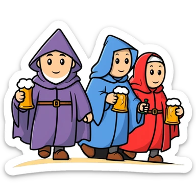 medieval pilgrims walking on a journey path with cloaks and beer bottles sticker