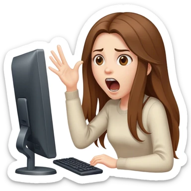 A white-skinned girl with long brown hair shouts GG at the monitor sticker