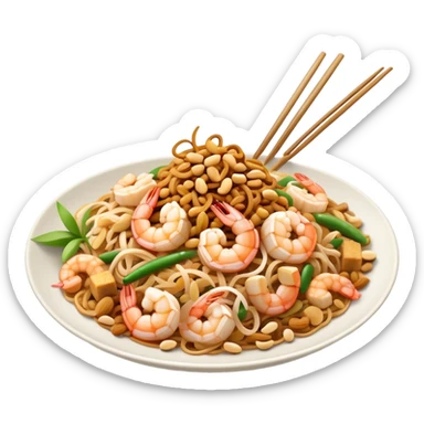 Cinematic Realistic Pad Thai Dish Emoji, depicted as stir-fried rice noodles with shrimp, tofu, peanuts, and bean sprouts rendered with vibrant textures and dynamic, appetizing lighting. sticker