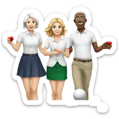 Create an image on white friends two male and two female all white playing ground shuffleboard with tangs in hand celebrating Christmas  sticker