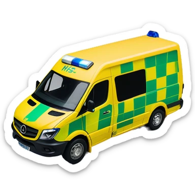 NHS Mercedez sprinter ambulance, yellow body, with green and yellow checkerboard print along the bottom. NHS logo on the side. Blue flashing light strip along top sticker