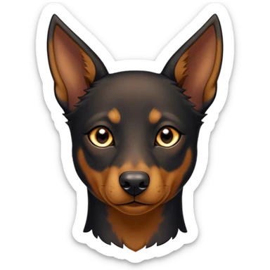 Cinematic Noble Black and Tan Kelpie Portrait Emoji, Poised and regal, with a strong, agile build and a glossy, well-groomed Fur of deep black and tan accents, piercing dark eyes, Simplified yet sharp and sophisticated features, highly detailed, glowing with a soft, dignified glow, high shine, intelligent and energetic, stylized with an air of determination, focused and attentive, soft glowing outline, capturing the essence of a watchful and confident herder, so majestic it feels as though it could bound out of the screen with effortless authority! sticker