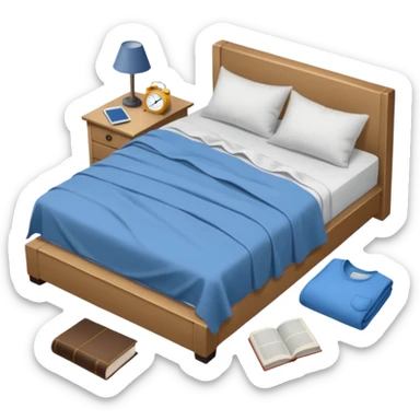 messy bed with a wrinkled blanket, the pillow out of place on the floor. Around the bed, scattered items include a t-shirt, pants, and an open book on the floor. sticker