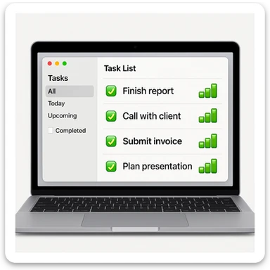 Make the bar charts on the MacBook's task management app screen green in the style of apple style emojis sticker