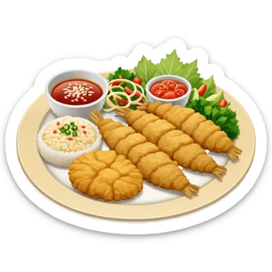 Plato redondo con filete de cerdo empanizado estilo tempura, dorado y crujiente acompañado de arroz blanco y ensalada fresca con vegetales por separado sticker