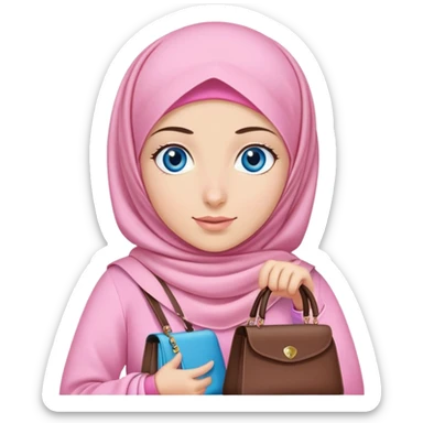 Turkish beautiful finish Konya girl blue eyes with pink hijab islamic dress and had on her hand bag sticker