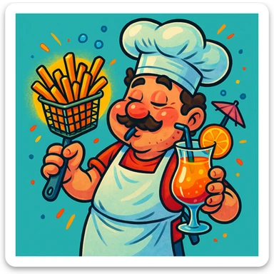 A drunk chef holding a fryer basket with hot chips in it, sipping on a mocktail, playful and expressive, clear chef hat and apron, vibrant colors, cartoon style sticker
