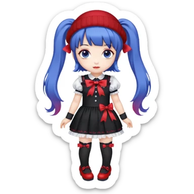 Chibi kawaii, violet eyes, black-blue twin tails, red ribbons, red beanie, black & white lolita dress with red accents, white thigh-highs, black mary janes, cute aesthetic. sticker