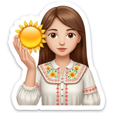 Young Ukrainian girl with brown hair wearing a white embroidered traditional shirt holding a bright sun in her hand sticker