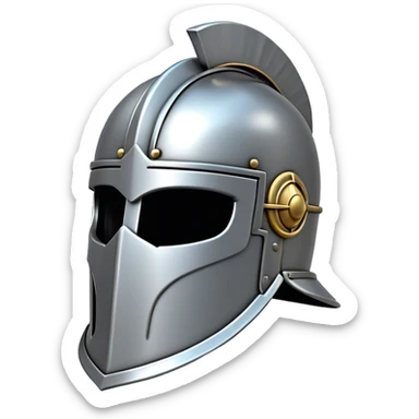 Clash of Clans aesthetic: Cinematic Playful Steel Helm Emoji, rendered in a 3D vector-style similar to standard emojis with minimal shading and bold, simplified shapes. A compact, isometric helmet crafted of shining steel with intricate engravings and a protective visor, softly glowing with a noble warrior charm. Simplified yet unmistakably iconic, highly detailed and consistent, glowing with a soft radiant gleam and high polish. Stylized with a touch of chivalric tradition and a soft glowing outline, capturing the essence of a stalwart battle helm with a friendly, playful manner! sticker