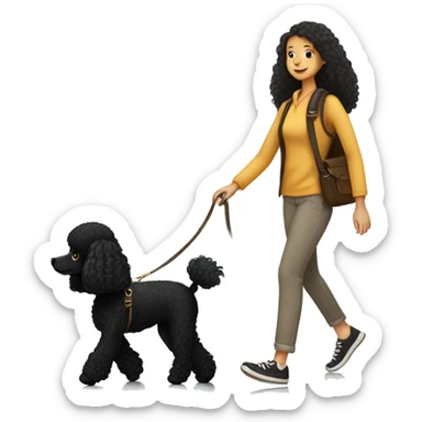 3 legs One Small unshaved Black Poodle with brown harness is walking with a black long hair pretty girl sticker