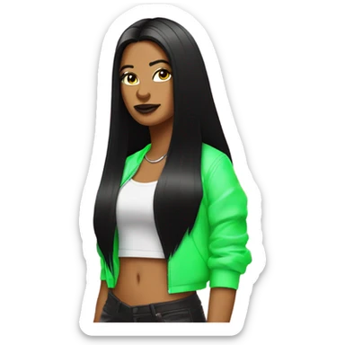 Tanned woman with long black hair dressed in Y2K hip hop hair, makeup, and neon attire sticker