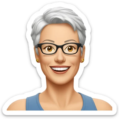 Jamie Lee Curtis smiling wearing tee sticker