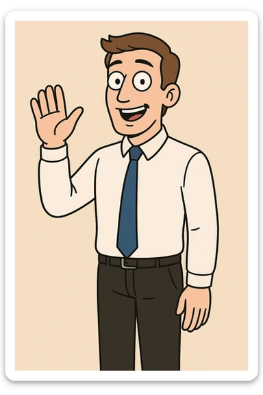 A man sky brown hair Marine Blue Colours Satin Tie White Whistler Classic Oxford Shirt black Apollo Flat Front Trouser hand to say hello sticker