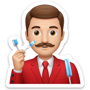 brown haired man with toothbrush-mustache and red suit sticker