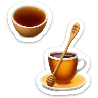 brown cup with tea on saucer wooden honey spoon with honey sticker