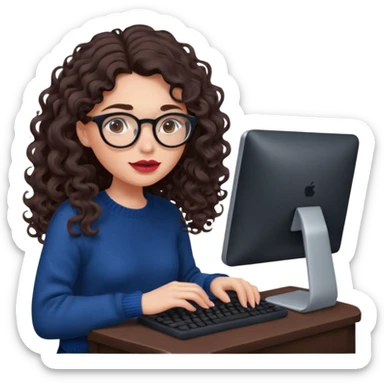 a european white young woman with very long wavy dark brown/chocolate hair with curls at the end of her long hair typing in a computer. she's using round glasses, her lips are light red and her cheeks slightly pink. Her eyes are dark brown. She's using a dark blue knit sweater  sticker