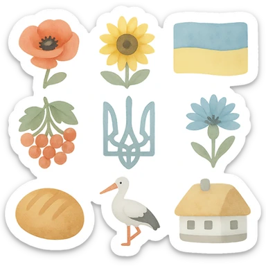3D illustrative icon set: poppy, sunflower, Ukrainian flag, trident, viburnum, cornflower, bread, stork, Ukrainian house. 2x3 grid, transparent background, artistic brush strokes, pastel colors, light graininess, uneven edges, handmade effect, camera angle 25°. sticker