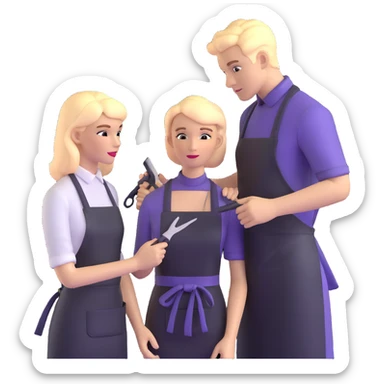 professional hairdresser in salon apron instructing student with mannequin sticker