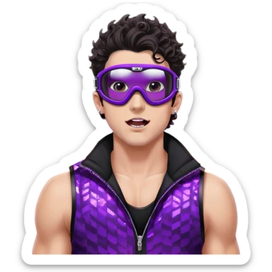 close-up of bad guy male athlete with white skin and moderately curly dark brown hair on top with shaved sides, wearing ski goggles with purple frames and very dark black lenses, a simple plain black chain necklace, and a completely unzipped sleeveless vest with purple and black sequin fire pattern design with no logo, pulling his tongue out very far in an exaggerated mocking gesture, looking menacing and villainous sticker