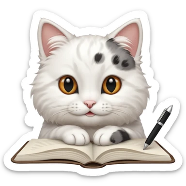  gatita blanca con manchas negras en los ojos feliz en viendo una libreta anillada  sticker