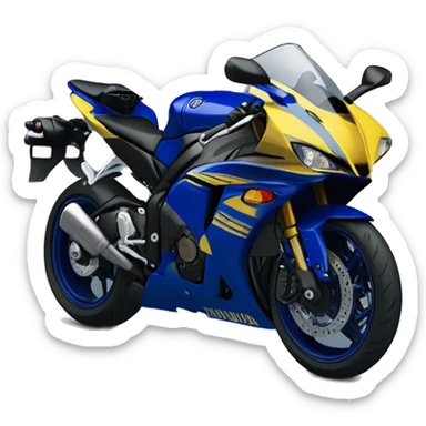 A 2009 Yamaha r1, blue with yellow accents. front view. Less yellow then blue sticker
