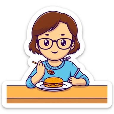 Braunhaariges Mädchen hellhäutig braune Augen, sitzend am Tisch mit Mama und Brille und braune Augen am Essen  sticker