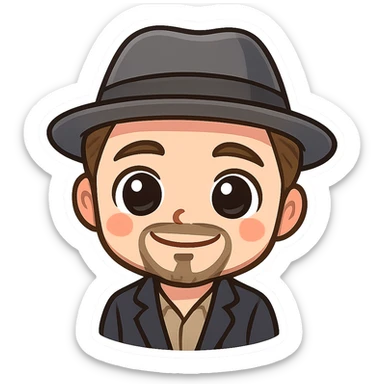adorable chibi emoji of Leonardo DiCaprio's face with big eyes and a fedora hat, cartoon style sticker