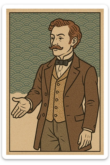 Victorian man in period clothing, holding out his hand, ukiyo-e style sticker