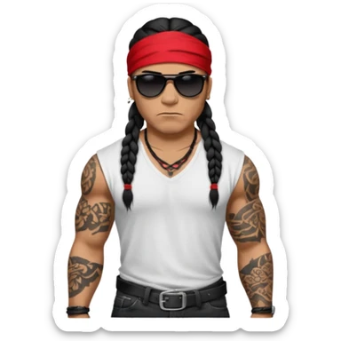 Samoan male.
XL loose fitting white t-shirt. 
Red bandana. 
Red
Black jeans. 
long black braided hair.
very muscular.
More tattoos. 
Tough and menacing. 
Gangster sunglasses. sticker