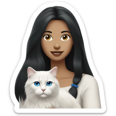 woman with long black hair and holding a all white Siberian cat with blue eyes sticker