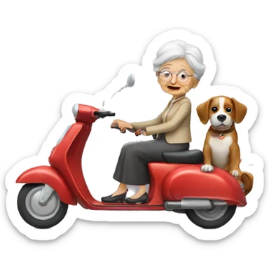 Old lady riding a scooter, a dog on her lap sticker