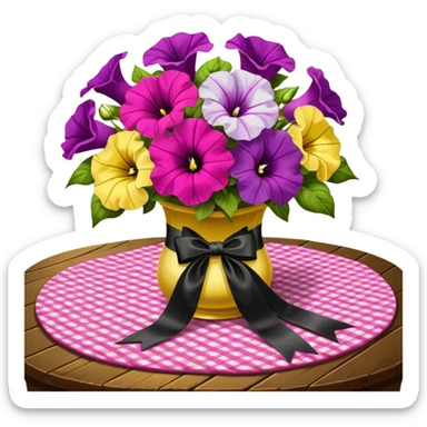 A lush bouquet of bright light margenta color petunia black satin ribbon, resting on an antique wooden table, with a pale yellow and pink plaid pattern table cloth sticker