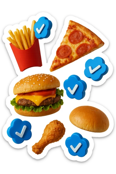 fast food realistico fluttua in aria insieme a spunte di verificato in 3d sticker