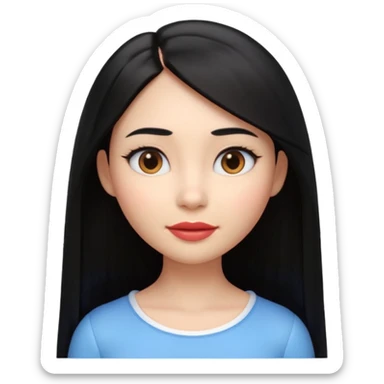 A cute 3D female emoji avatar, smooth skin, long straight black hair, glossy lips, soft lighting, minimal background, beauty branding style, high quality, Pixar style, front view, symmetrical face, clean and elegant sticker