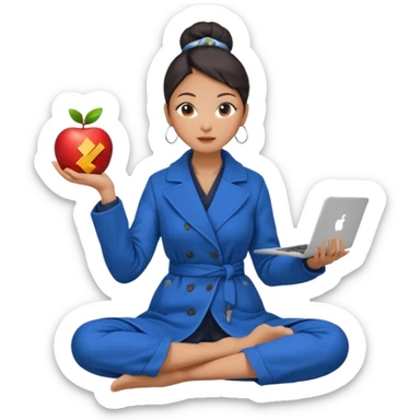 emoji of an asian woman with a single bun in a long blue coat sitting cross legged with dna levitating above one hand and an apple laptop above the other hand sticker