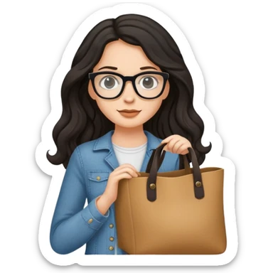 A white girl with black wavy long hair, wearing Wearing glasses and Crossing a tote bag sticker