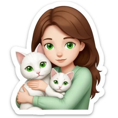 a brown haired and green eyed girl hugging to her white cat sticker
