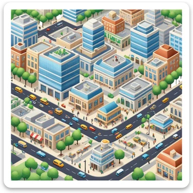 A large, bustling area with buildings, streets, and various structures, where people live and work, often featuring shops, parks, and transportation systems sticker