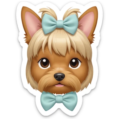 a Yorkshire Terrier face with a ponytail on head tied with a soft beige bow. Cute expression, flat design, pastel colors sticker
